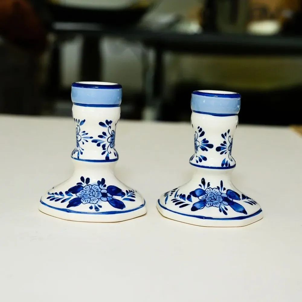 Holland Hand Painted Candle Stick Holders candlestick White Blue Floral